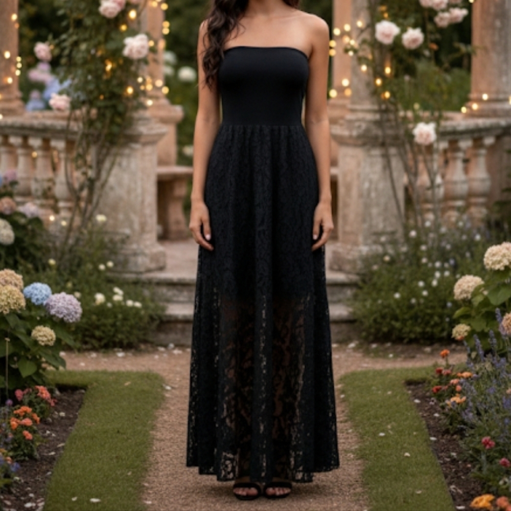 BEBE strapless bandage top lace maxi dress Sz XS